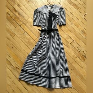 Vintage Black and White Striped Maxi Dress with Belt